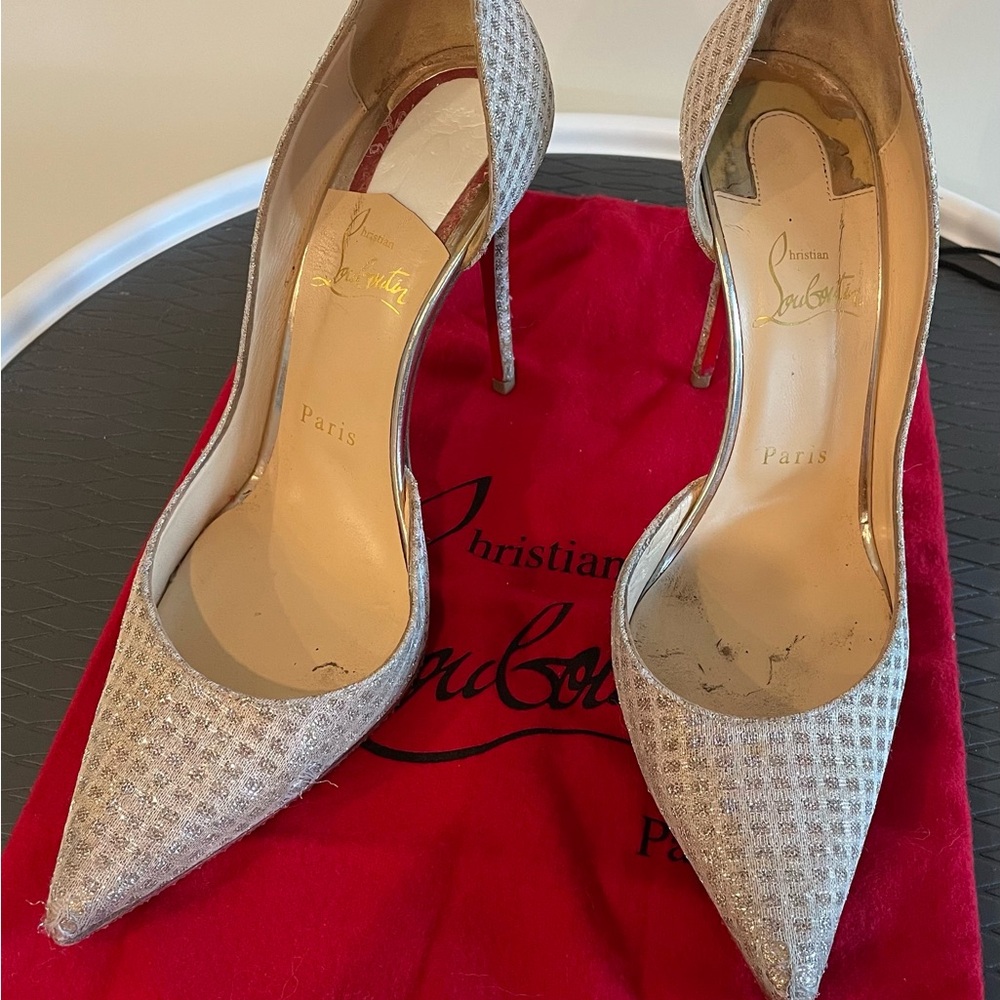 Christian Louboutin silver/gold D’orsey pointy toe, size 38 1/2.